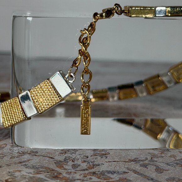 Vintage Napier Two-Tone Gold Silver Textured Link Collar Necklace - Picture 4 of 7